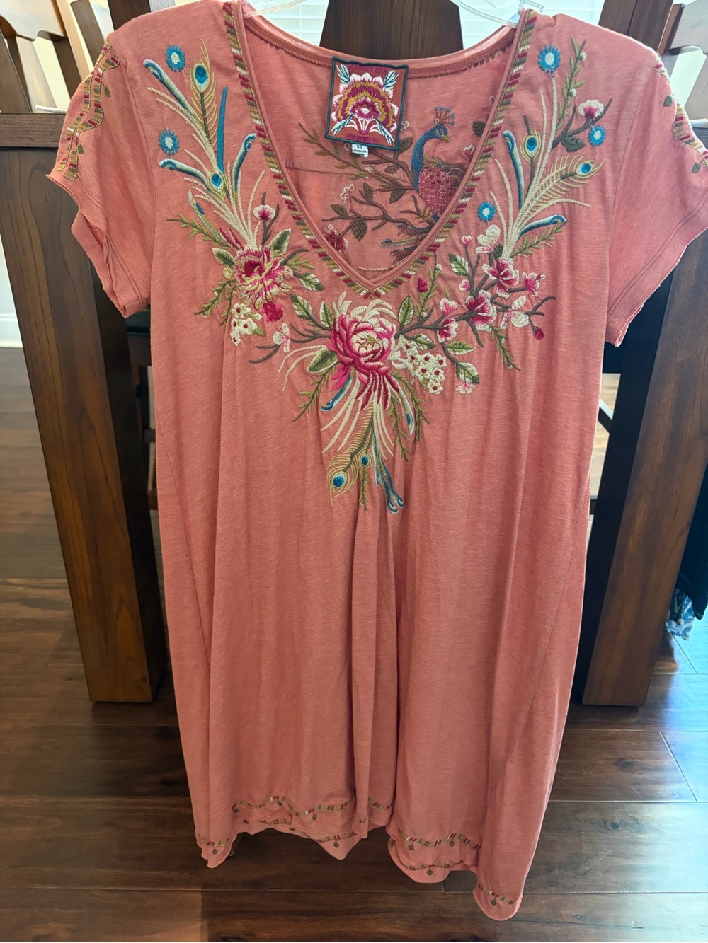 Johnny Was Coral Pink Embroidered V-Neck High-Low Dress